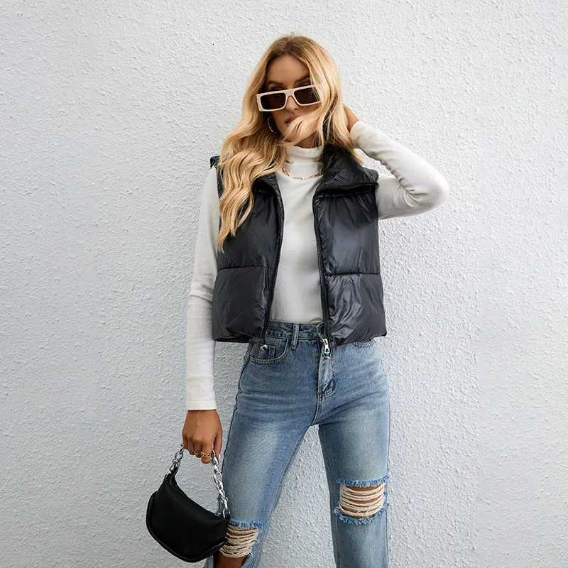 Autumn Winter Short Down Vest Women Stand Collar Zipper Sleeveless Jacket Warm Quilted Cropped Coats Street Drawstring WaistcoatT251129
