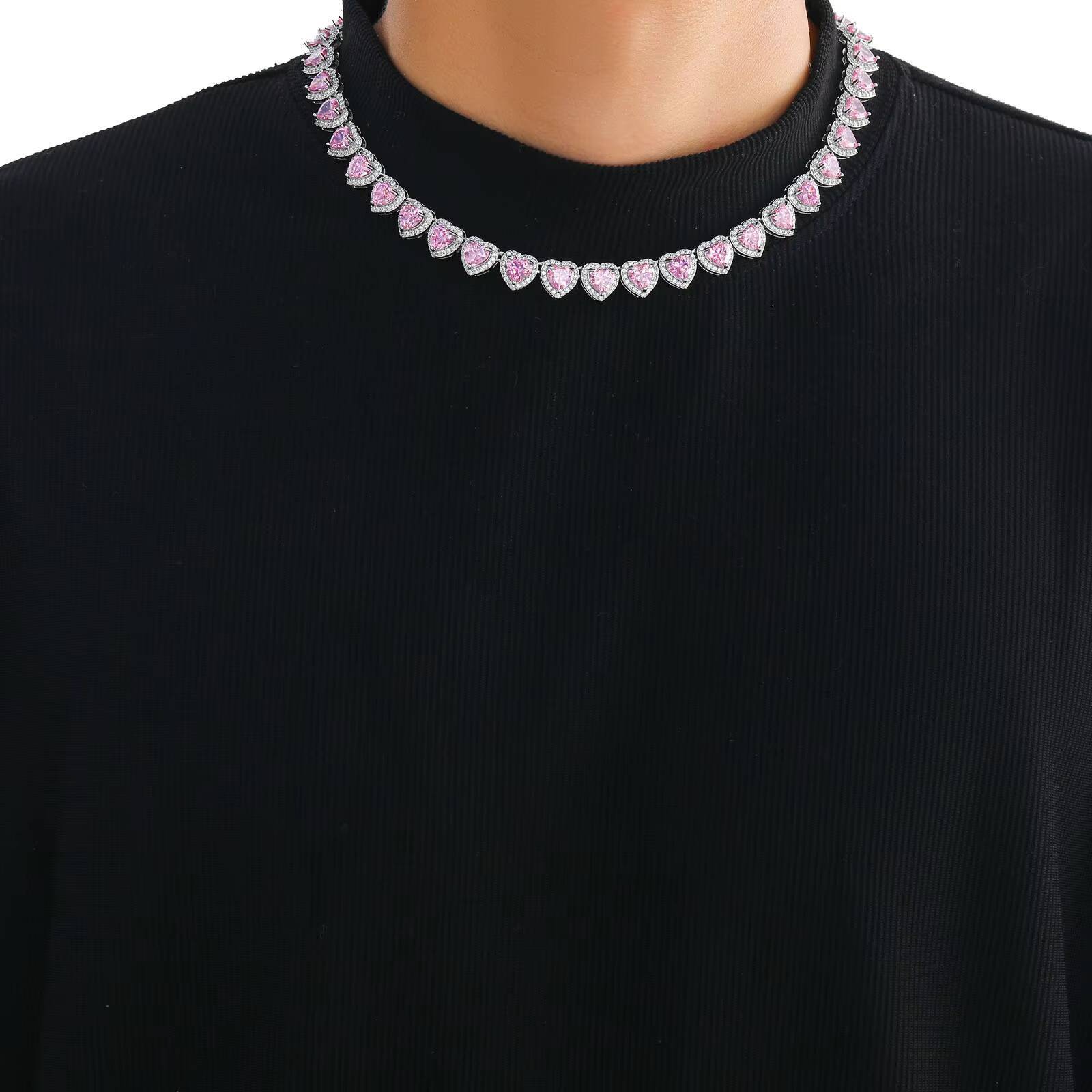 High Quality 10mm Iced Pink Heart Shaped Tennis Chain Necklace Shiny Pink Moissanite Fine Jewelry Hip Hop Style for Party Gift
