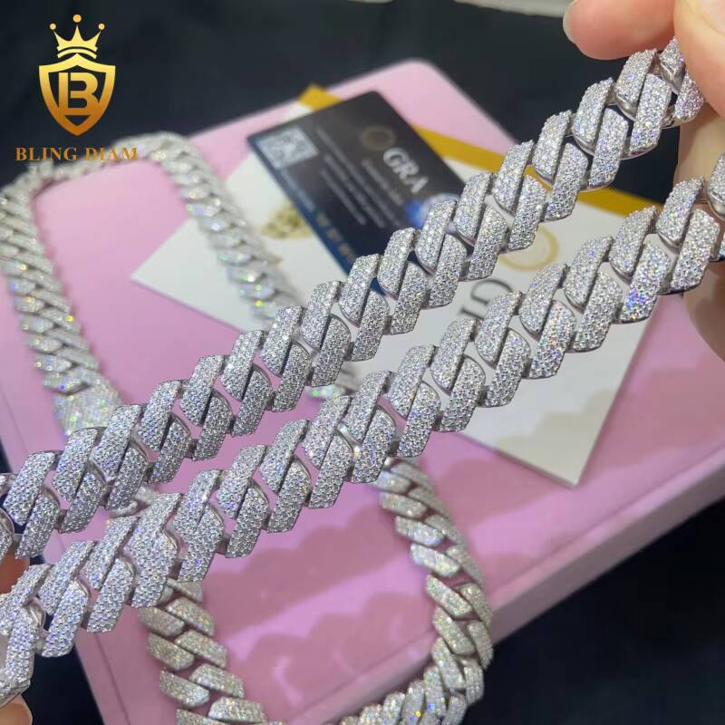 In Stock HipHop Style S925 Moissanite 15mm Cuban Chain Pass Diamond Tester Iced Out Moissanite Necklace Chain Silver with GRA