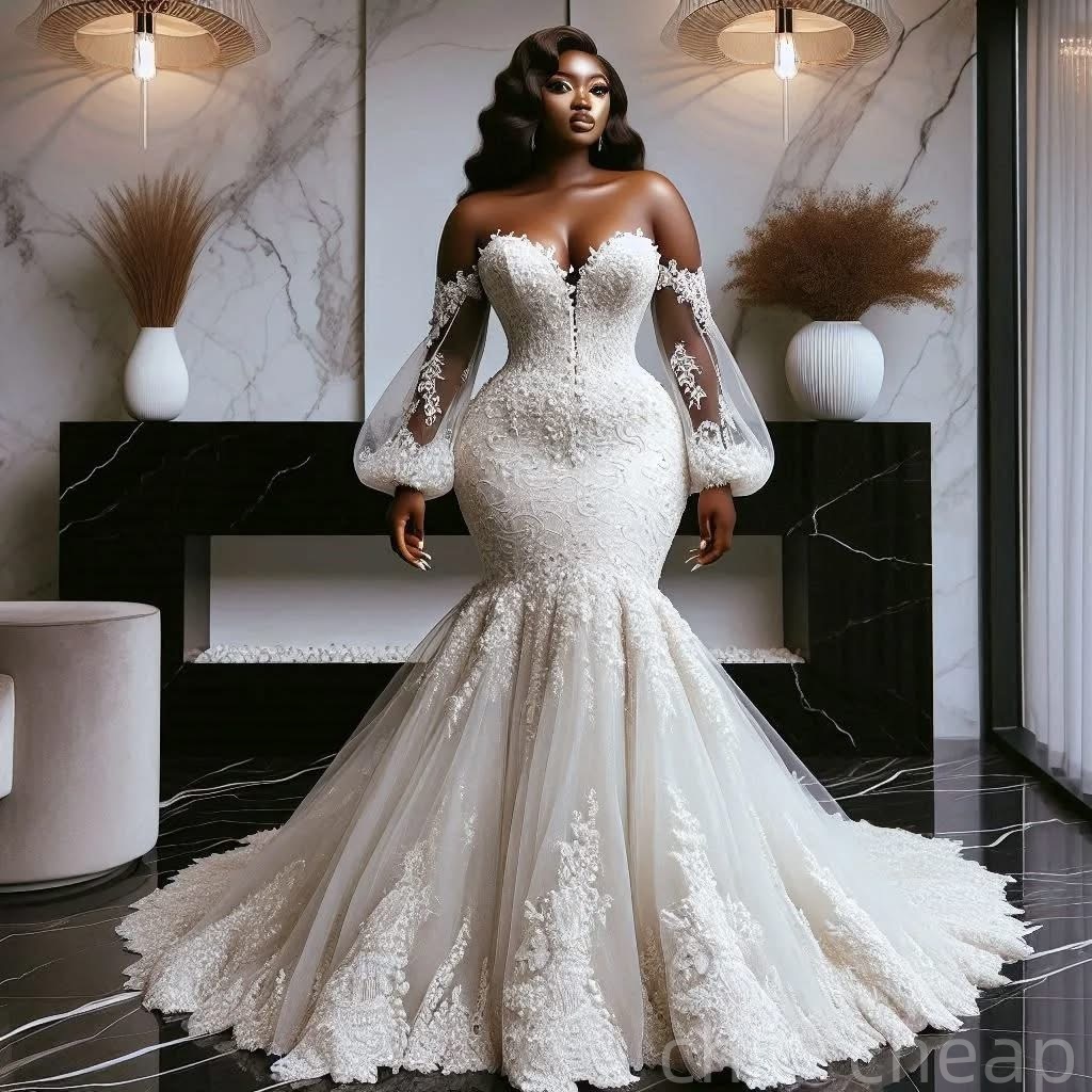2025 Oversize Aso Ebi Plus Size Ivory Wedding Dress Off Shoulder Lace Full Sleeves Vintage Bridal Gowns Dresses ZJ065