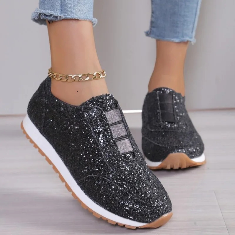 Autumn Fashion Slip-on Low-heeled Womens Sneakers Gold Silver Trend Sport Shoes Ladies Outdoor Casual Walking Shoes 251128