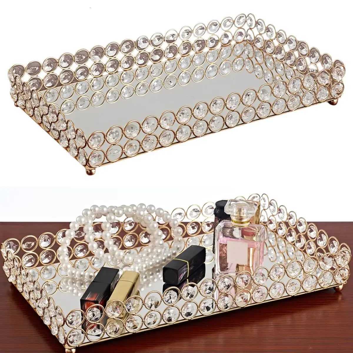 Crystal Decorative Tray Table Makeup Organizer Glass Mirror Perfume Lipstick Storage Plate Luxury Serving Tray Home Trinket Dish Y251129