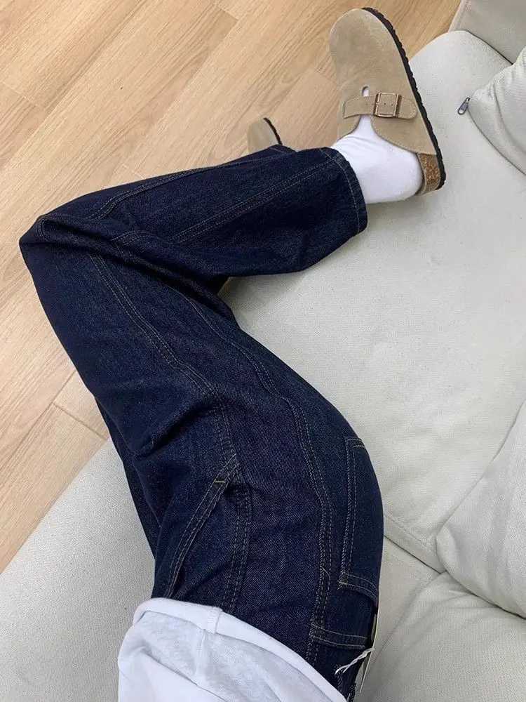 American Retro Dark Blue High Waist Loose Womens Jeans 2025 Autumn Winter Stylish Wide Leg Pants M260310