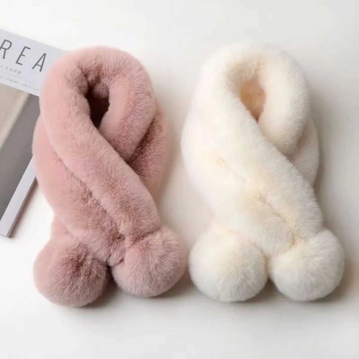 1pc Plush Cross Scarf Faux Rabbit Fur Thickened Plush Ball Thermal Scarf Thick Winter Women Neck Warmer Collar NeckerchiefJ251129