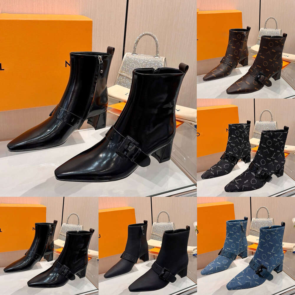 fashion luxury Ankle boots Ladies Baked Paint Buckle Martin Boot designer shoe woman genuine Suede Leather denim Pointed Chunky Heel Boots vintage shoes lady boots