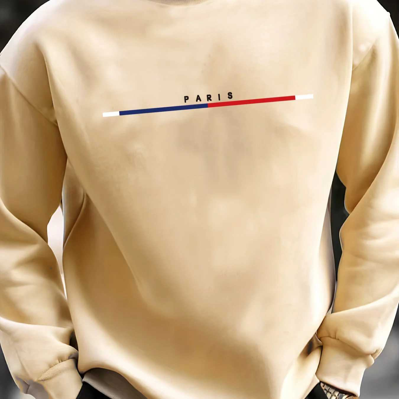 Mens autumn and winter casual sports loose oversized Paris print with fleece warm pullover round neck long sleeved sweatshirt M260312