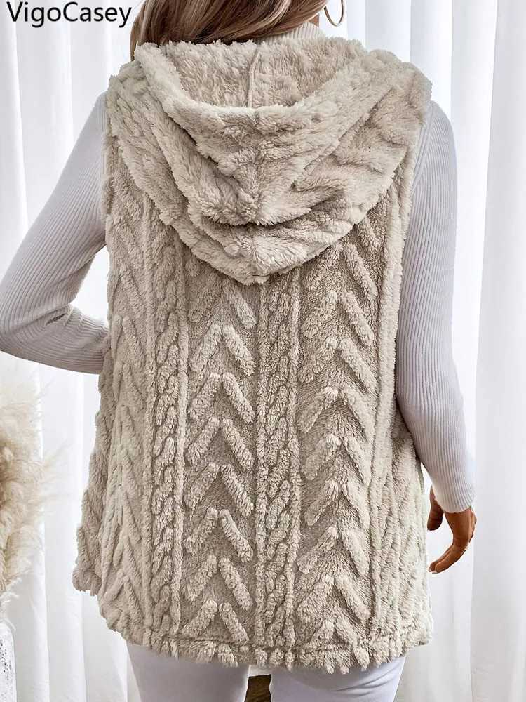 VigoCasey 2025 Apricot Sleeveless Vest Coat Woman Single-breasted Warm Plush Waistcoat Lady Autumn Winter Hooded Vest JacketT251129