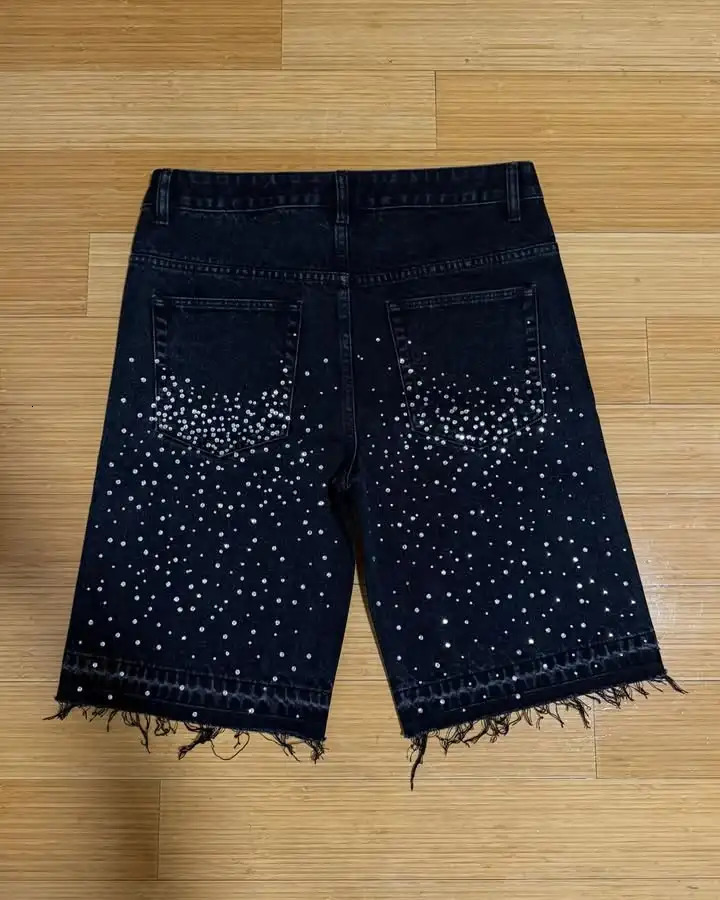 Streetwear Punk Sparkle Cross Denim Shorts Mens Womens Black Rhinestone Studded Baggy Jeans with Distressed Frayed Hems Y2K Vibe 251128