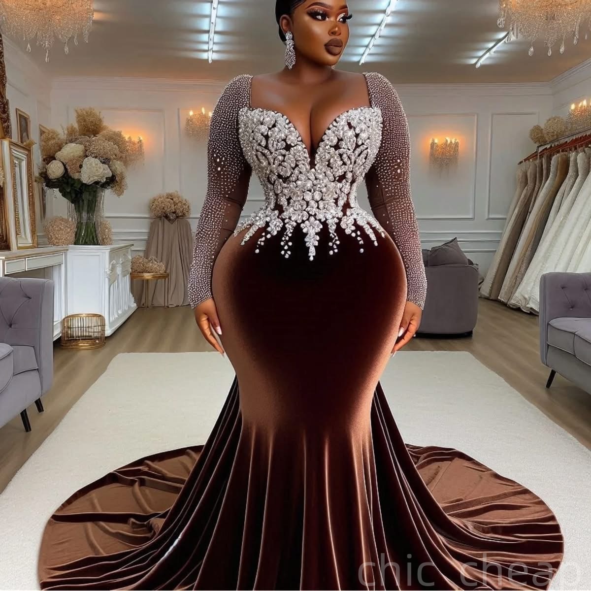 Mermaid Plus Size Prom Dresses 2025 Beaded Crystals Velvet Full Sleeves Evening Formal Party Second Birthday Engagement Gowns Dress For Special Occasi