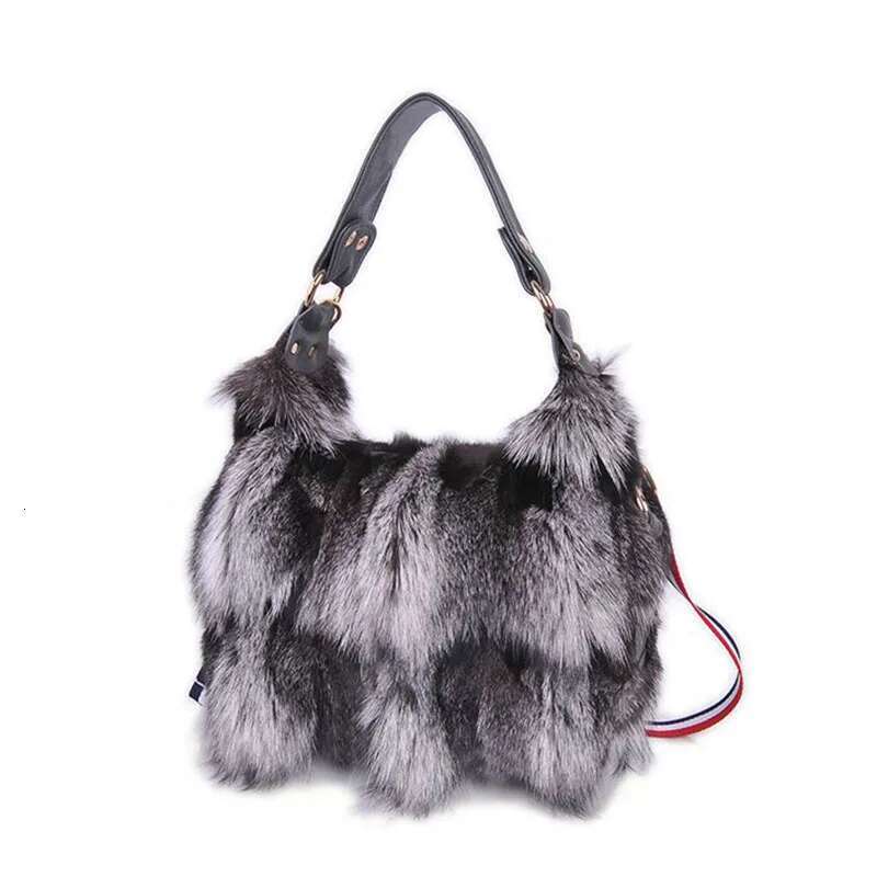 Chic Designer Handbag Combining Luxury Materials: Premium Real Silver Fox Fur & Durable Fabric