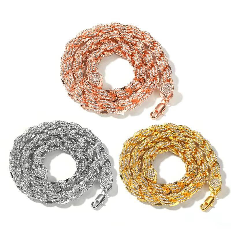 Rope Link Chain Mens 9mm Zinc Alloy Rhinestone Rope Chain Twisted Icd Out Full Diamond Rope Chain Necklace