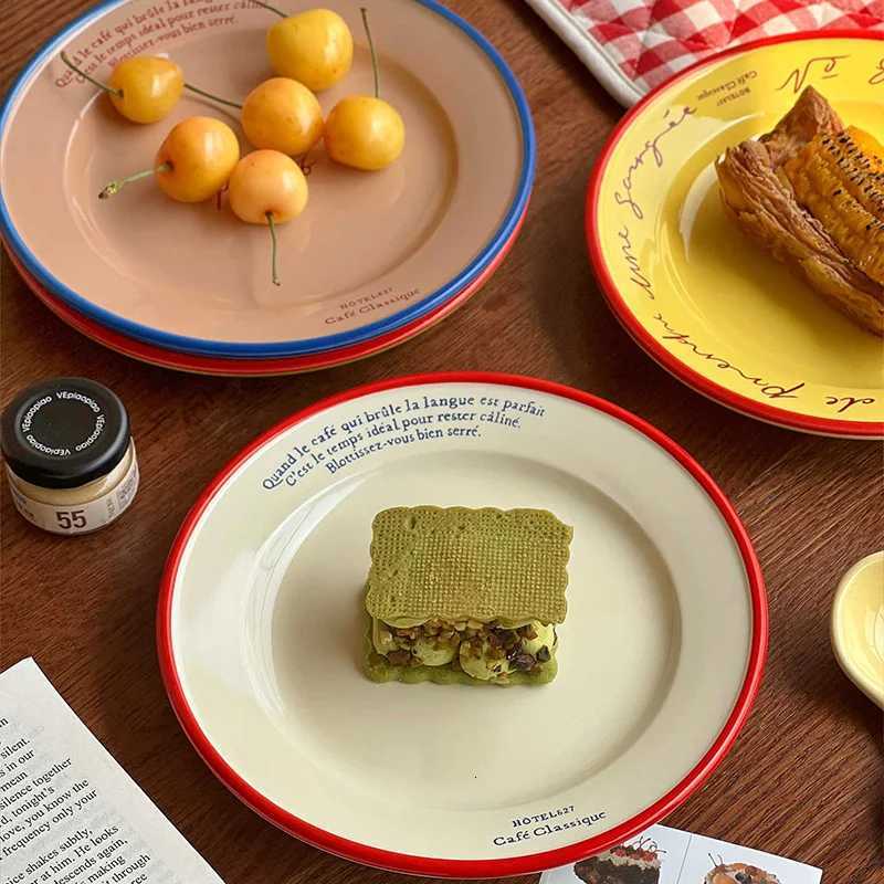 Luxury Korean Letter Printing Ceramic Plate Coffee Shop Dessert Cake Breakfast Plates Household Lunch Western Food Disc Y251129