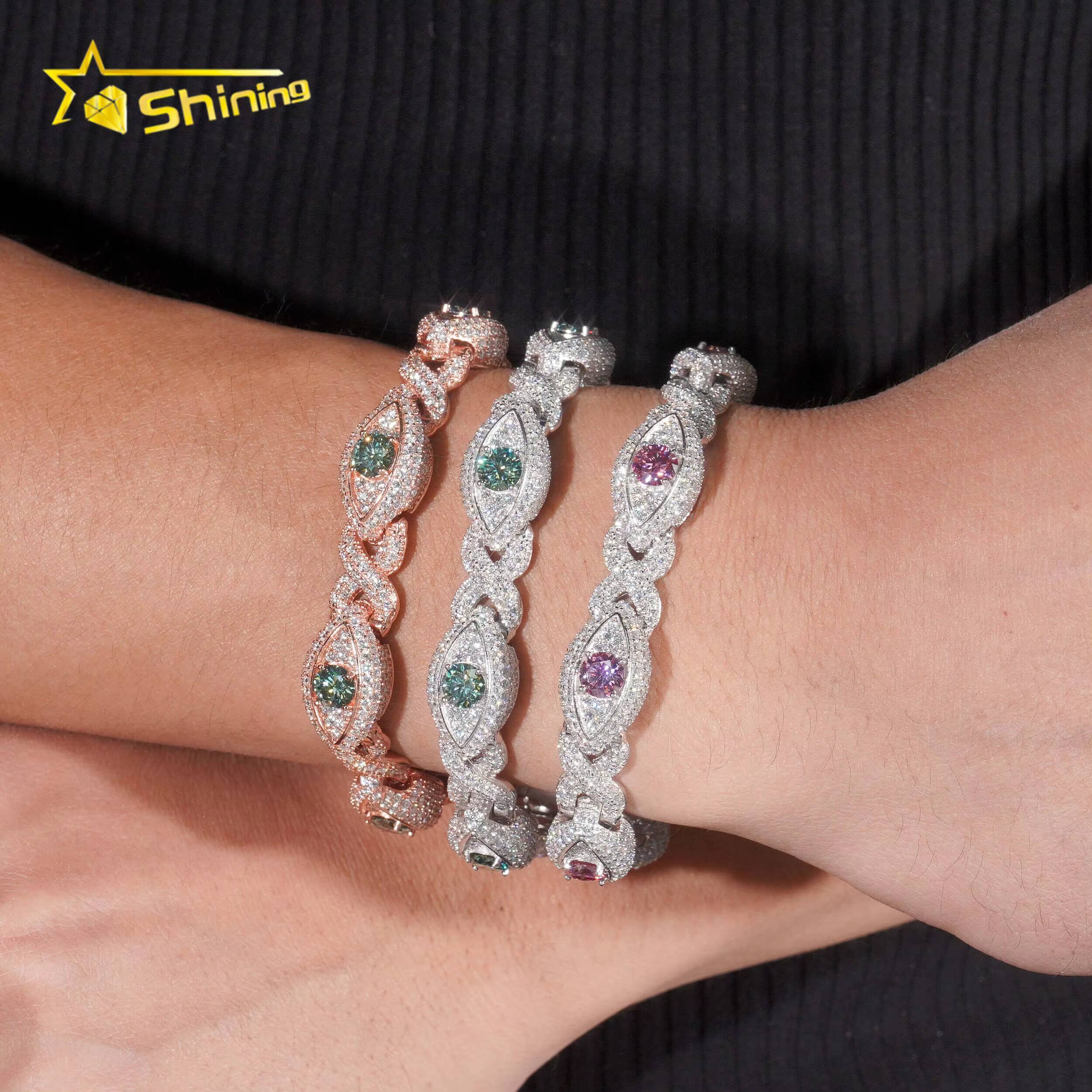 Hot Sale Colorful Moissanite Eye Design Mens Bracelet 925 Sterling Silver Gold Plated Cuban Link Chain Iced Out Bracelet