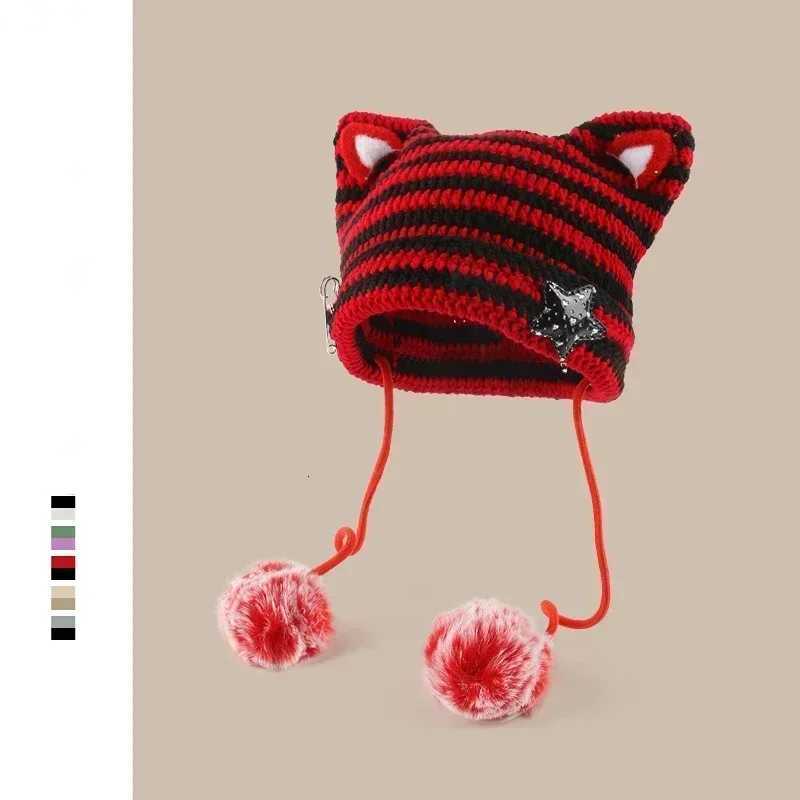Handmade Y2k Japanese Cat Ear Beanies Rabbit Hair Pom-pom Striped Sweetheart Girl Knit Cap Autumn and Winter Warm Womens HatsXJ251129
