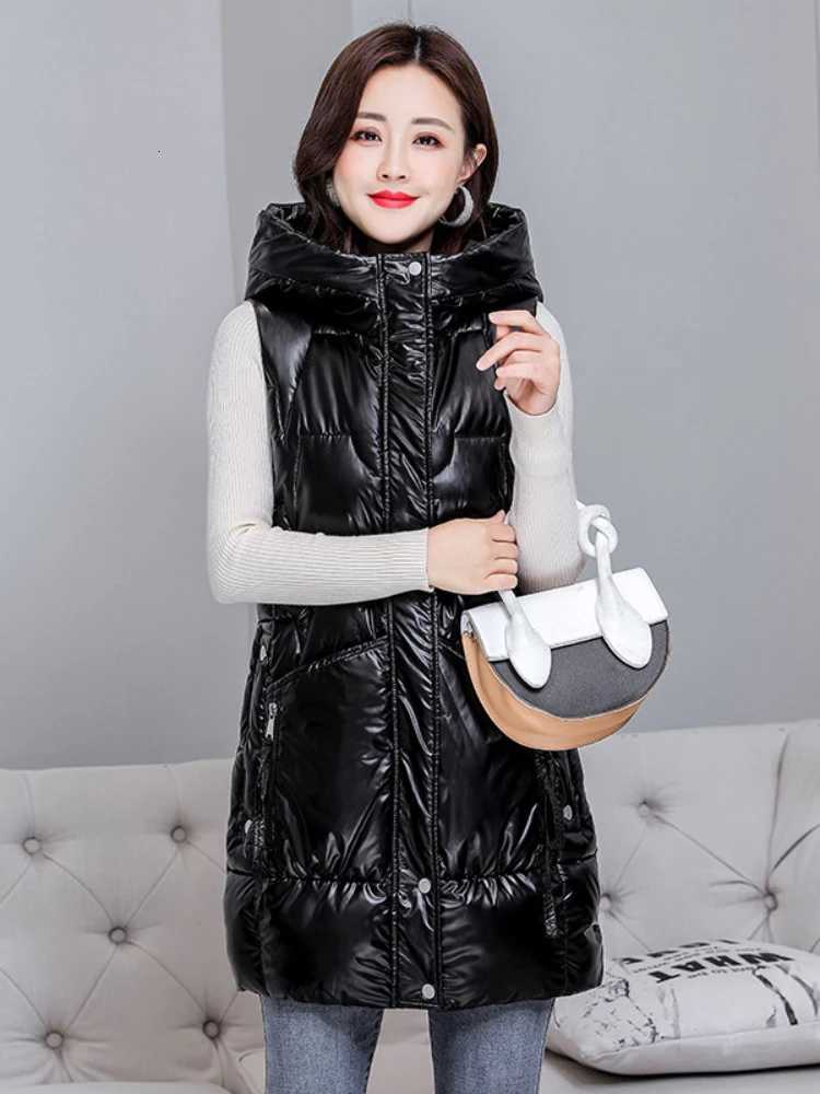 Winter New Mid-length Bright Vests Women Hooded Thick Warm Cotton Padded Sleeveless Waistcoat Coat Female Jackets Parkas VestT251129