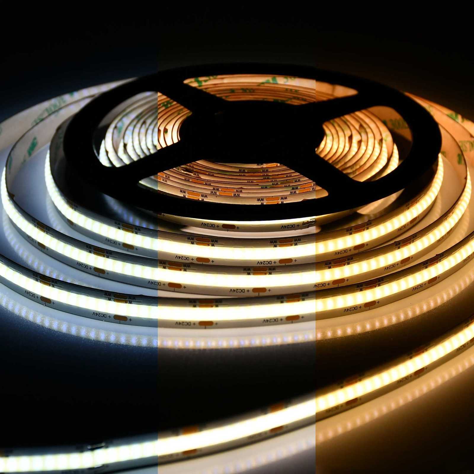 COB CCT LED Light Strip 608LEDs Flexible FOB 10mm Tape Lights RA90 Warm White Linear Dimmable 24V Color Temperature Adjustable M251129