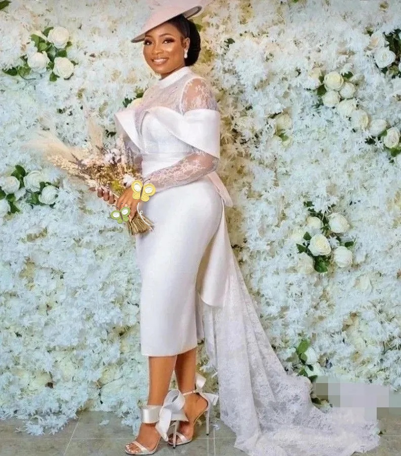 White Short Wedding Dresses Lace Long Sleeves Tea Length Satin Classic Bridal Gowns Women Brides After Wedding Party Gown Robe De Soiree