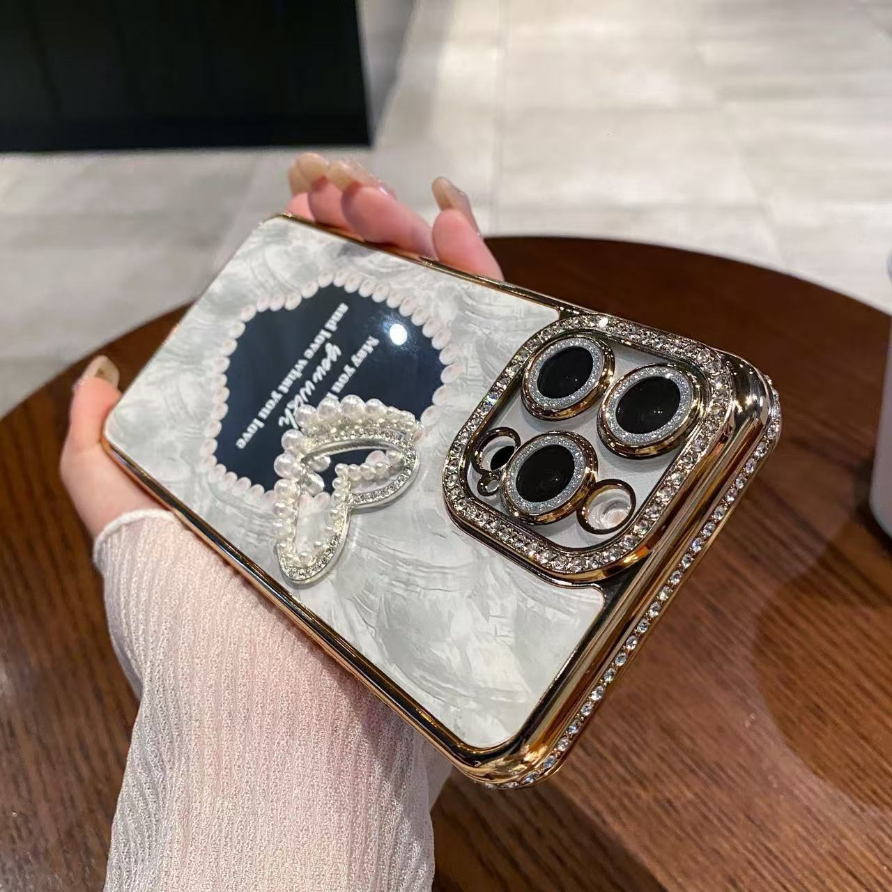 Mirror 3D Pearl Heart Phone Case iPhone 16/15 Pro Max Compatible with Apple 14 Pro Diamond Edge Electroplated Protective Case