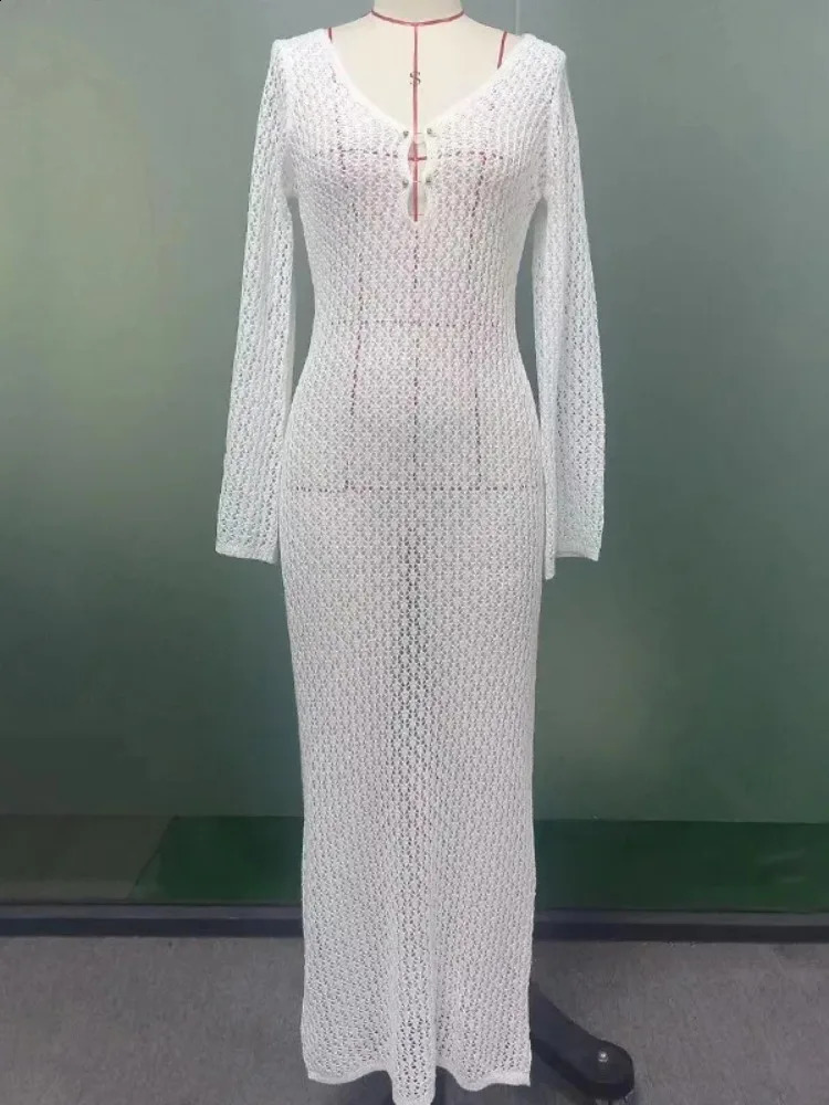 Taruxy Crochet Beach Maxi Dress Womens Sexy Knitted Hollow Bikini Swimsuit Cover Sunscreen Dress See Through Slim Lady 250423