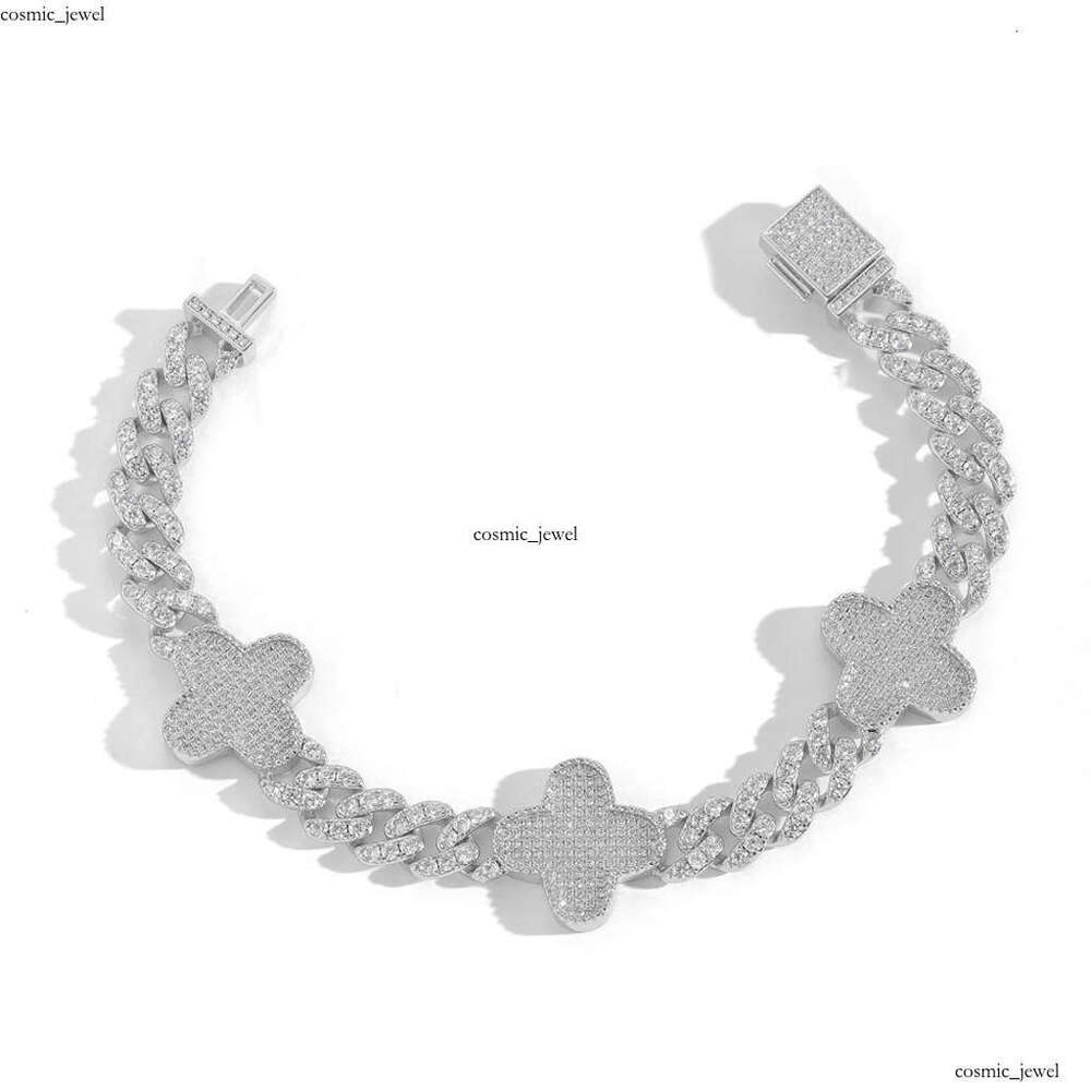 VVS Moissanite Hip-Hop Ice Out Fork 14mm Silicon Stone 14 CT White Gold Plated Clover Cuban Bracelet