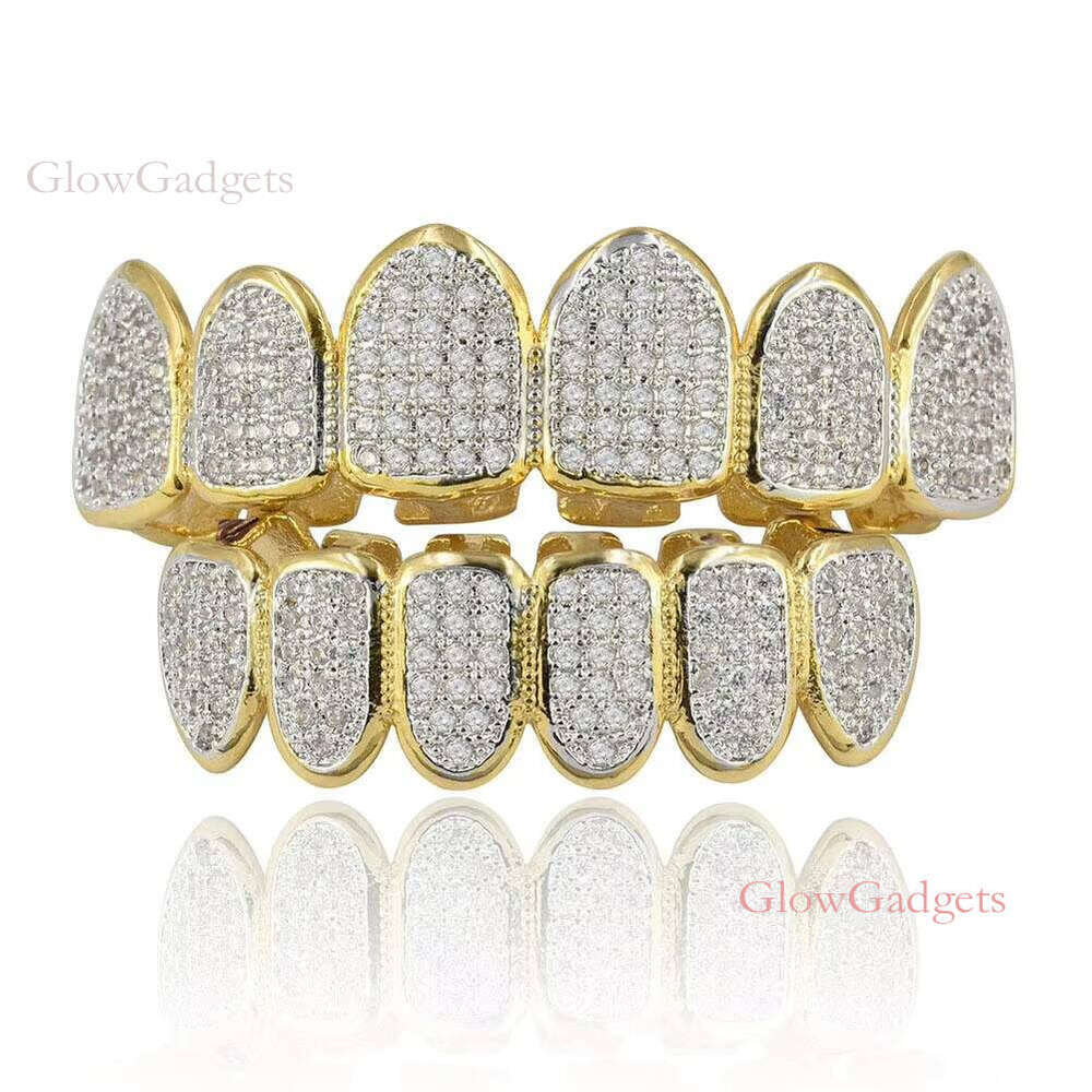 Hip Hop Iced Out Gold Teeth Grillz Set Zircon Top Botom Grills Mens Body Bling Cubic Zirconia Jewelry