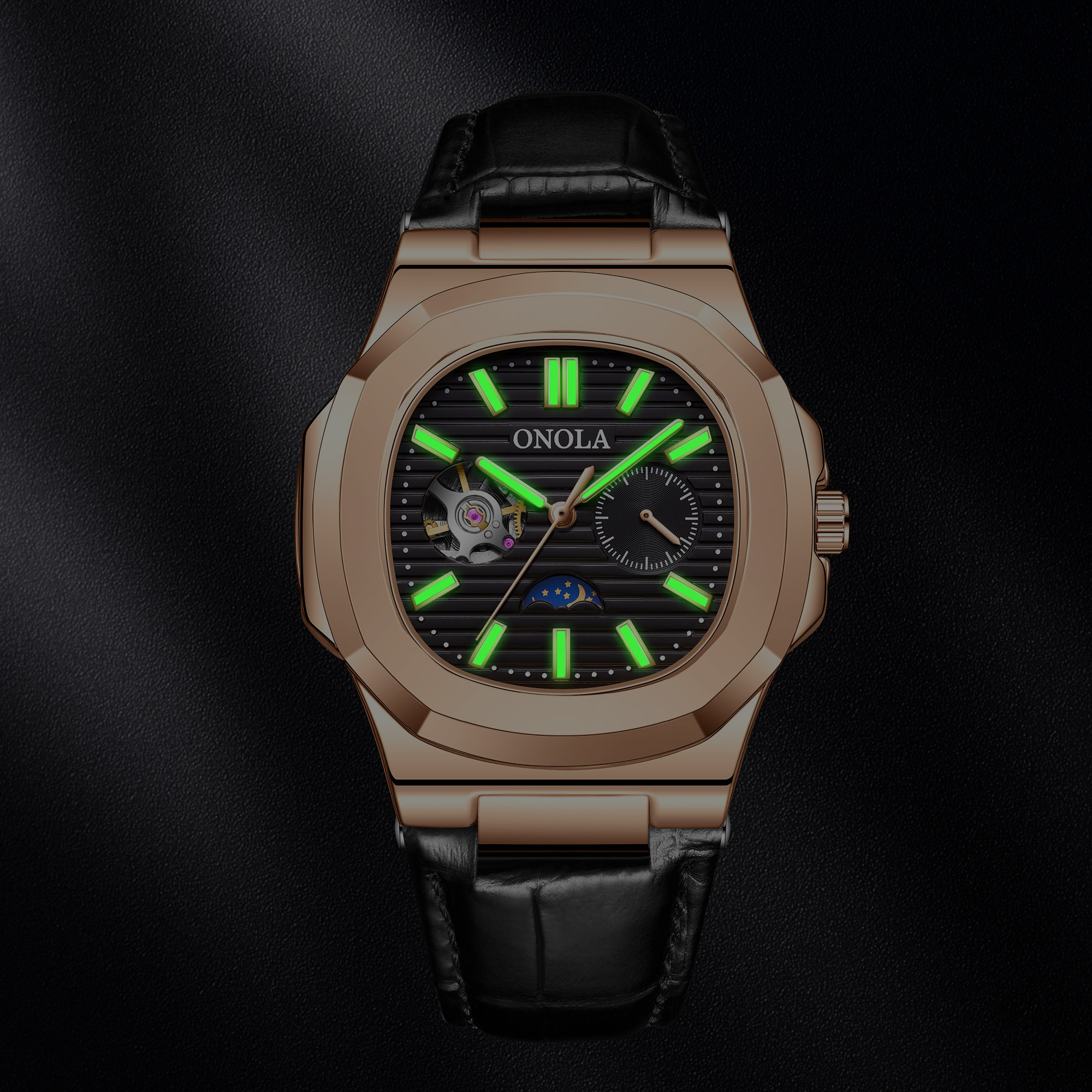 Retro Sport Automatic Mechanical Watch with Integrated Leather Strap Chronograph Moon Phase Function and Waterproof Elegant Design for Daily Wear ,Gif