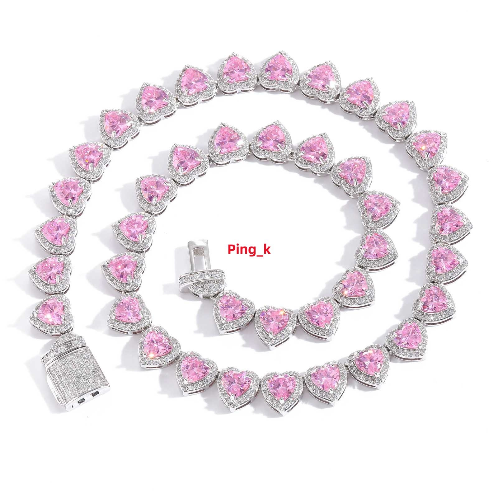 High Quality 10mm Iced Pink Heart Shaped Tennis Chain Necklace Shiny Pink Moissanite Fine Jewelry Hip Hop Style for Party Gift