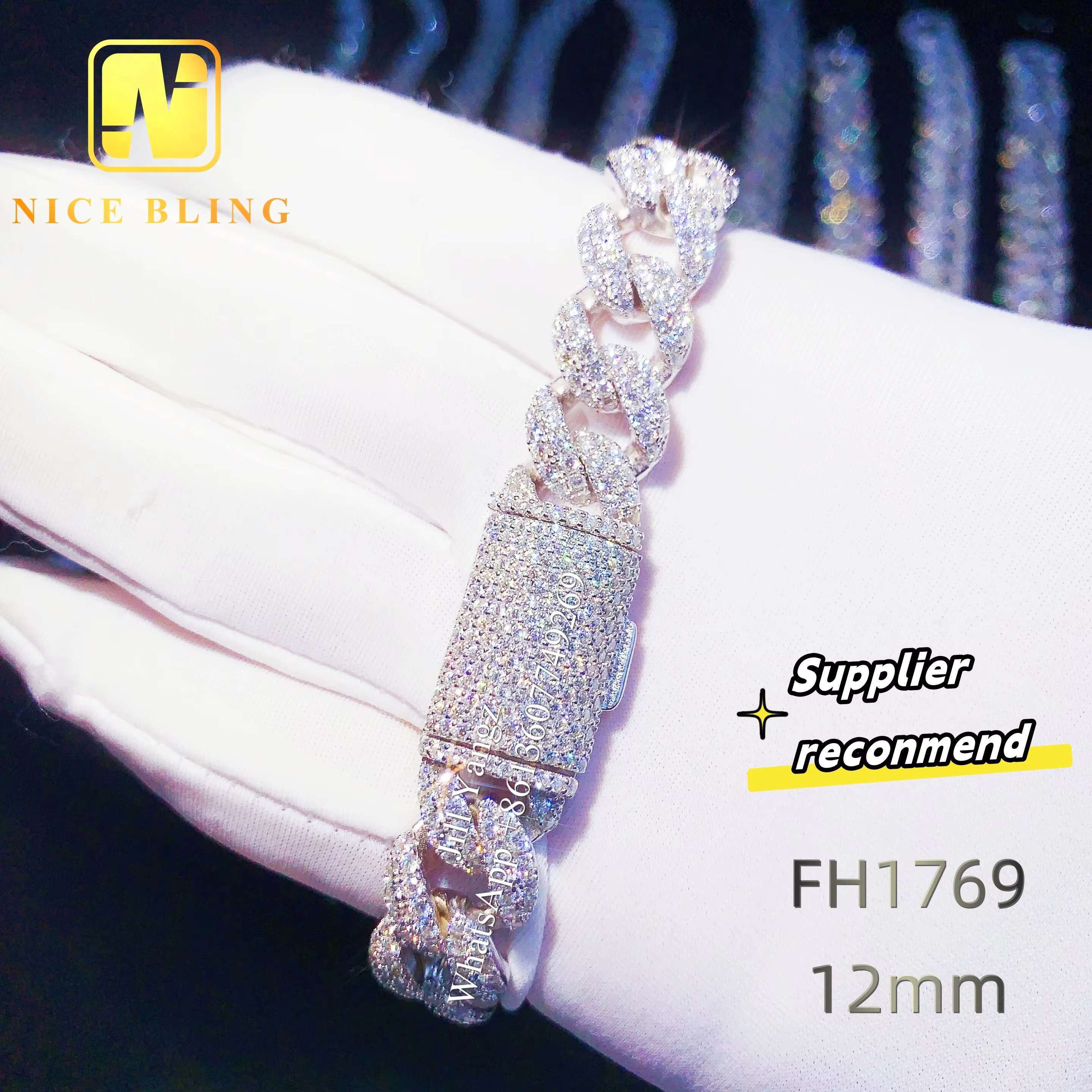 Nice Bling Jewelry Affordable Moissanite Cuban Bracelet Ready Stock 6mm to 14mm Hip Hop Rock Moissanite Cuban Chain 925 Silver