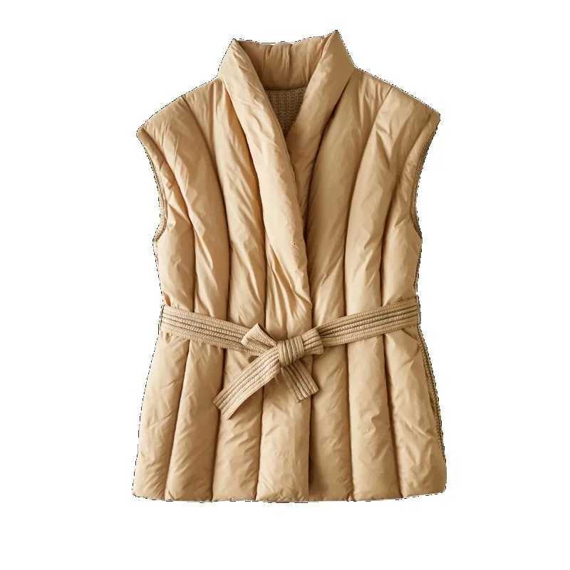Womens 90 White Duck Down Fall/Winter New V-neck Belt Down Vest Lightweight Warm Fashion Korean Womens JacketT251129