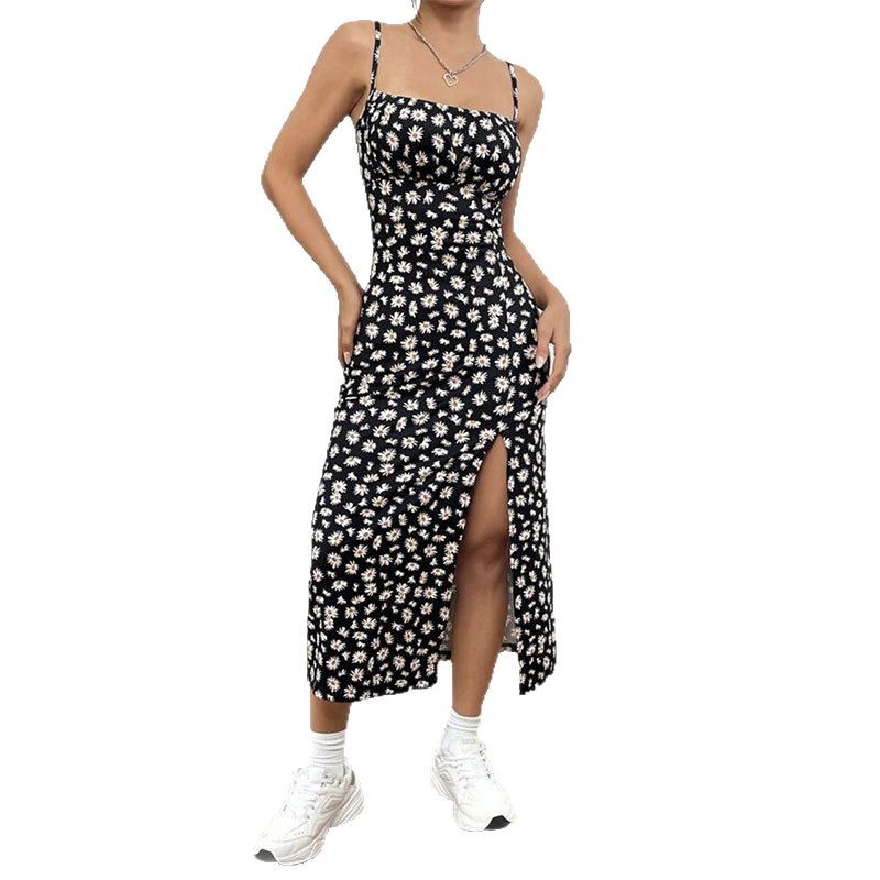 L1117New Amazon Spring and Summer Sling Wrap Chest Slit Daisy Hip-wrapped Printed Medium Dress for Women