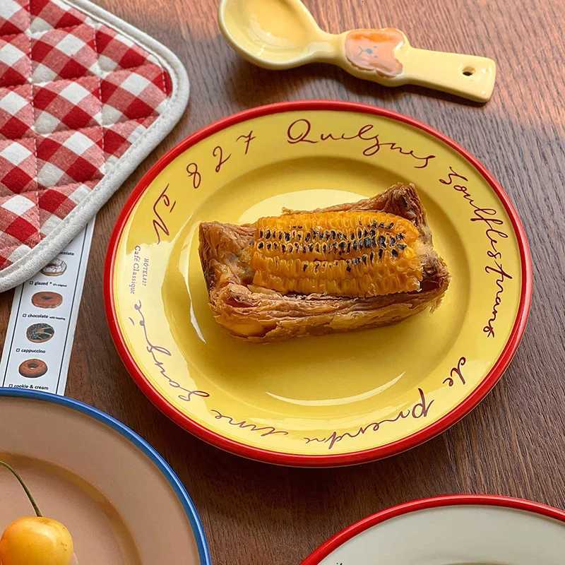 Luxury Korean Letter Printing Ceramic Plate Coffee Shop Dessert Cake Breakfast Plates Household Lunch Western Food Disc Y251129