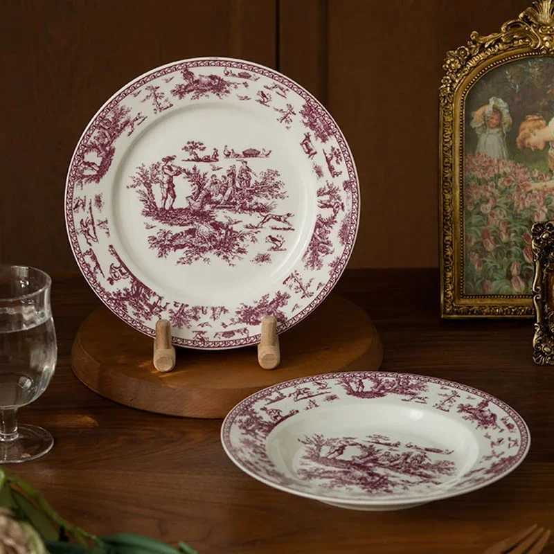 Luxury Retro French Style Ceramic Plate Light Luxury Restaurant Pasta Plate He Afternoon Tea Dessert Fruit Plates Exquisite Tableware Y251129