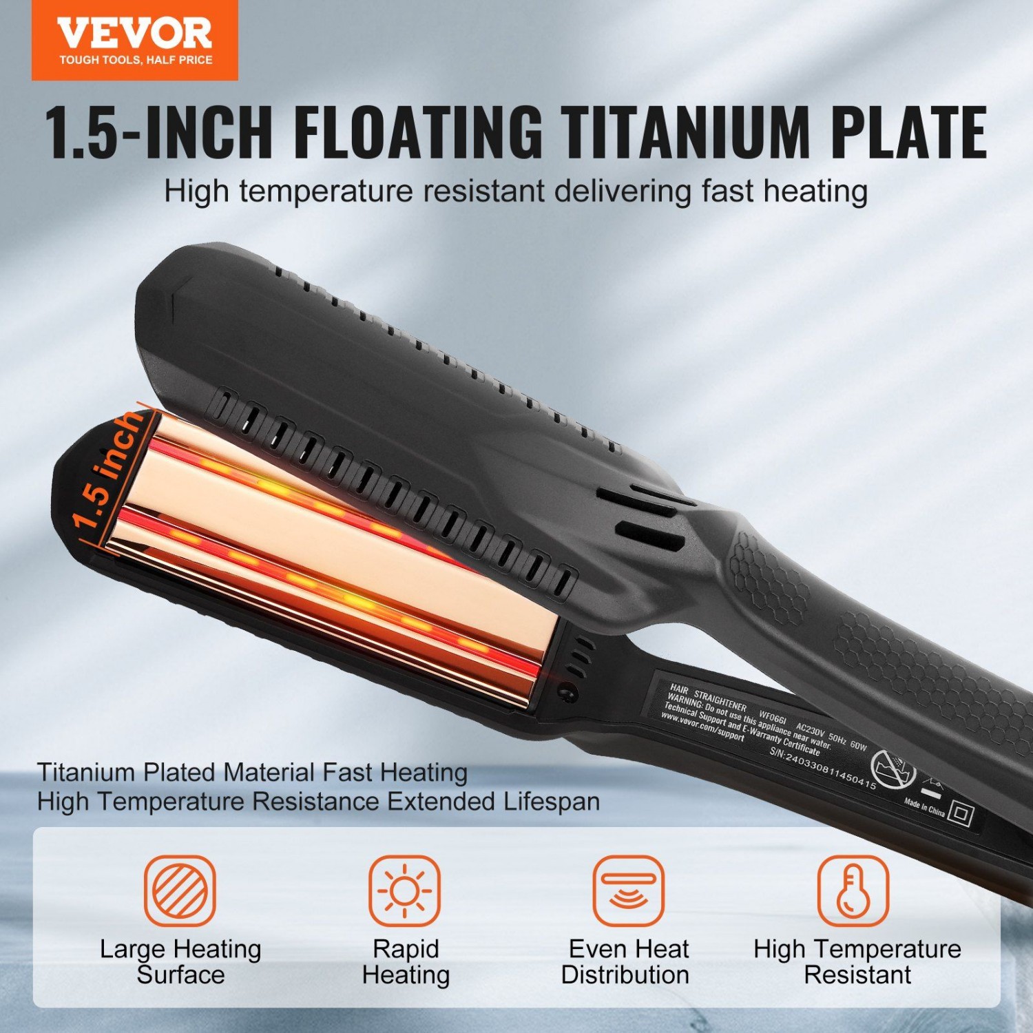 VEVOR Hair Straightener,1.5-inch Titanium Flat Iron,Dual Infrared Flat Iron with LCD Display and 19 Temp Levels -210°F to 450°F,Dual Voltage 110V/240V