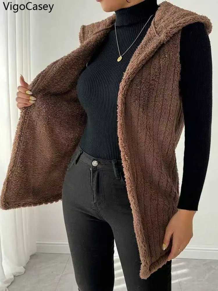 VigoCasey 2025 Autumn Winter Brown Long Thick Vest Coat Woman Sleeveless Plush Warm Waistcoat Lady Hooded Casual Vest JacketT251129