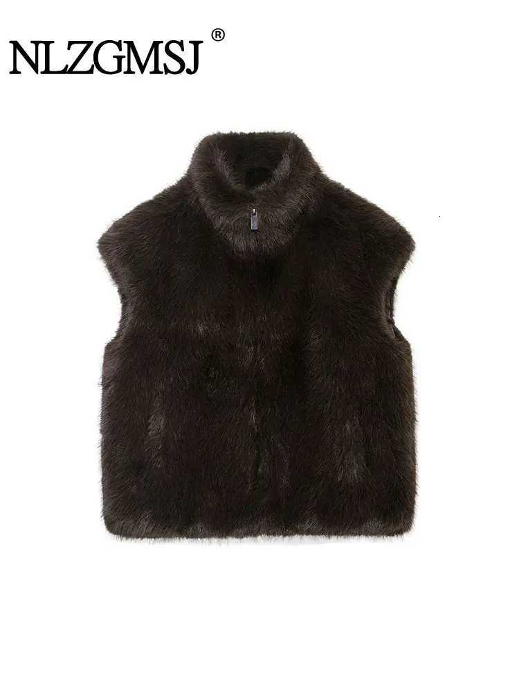 NLZGMSJ Faux Fur Vest Top Women Fashion Turtleneck Fluffy Vests Coat 2025 Winter Female Elegant Sleeveless Waistcoat OuterwearT251129