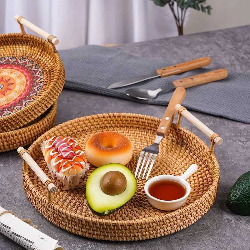 Handmade Rattan Tray Double Ear Tea Fruit Serving Tray Bread Snack Storage Woven Basket Insulated Art Decoration Home Decor Y251129