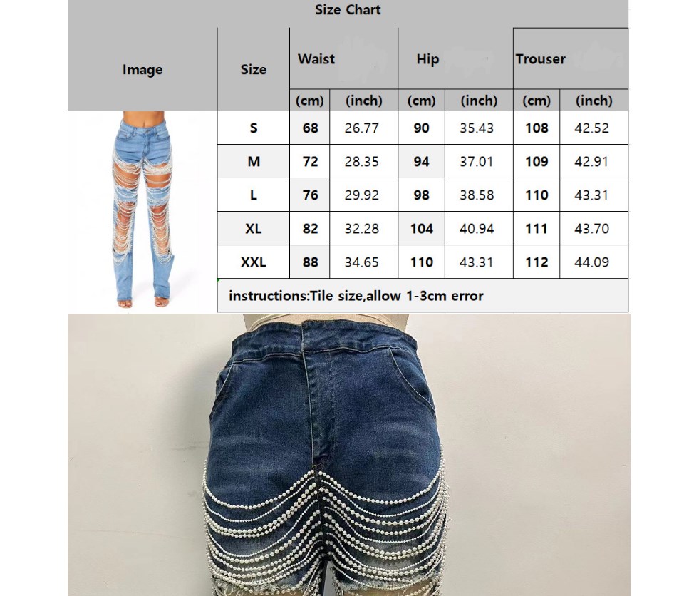 CNLONGBIDA Women's Jeans Big Hole Jeans Women's Chain Bead Chain Hanging Accessories Straight Leg Pants