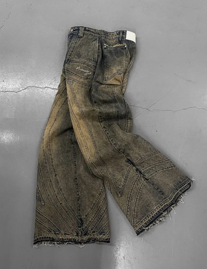 Y2K niche loose jeans American retro waxed hip-hop loose straight pants wide leg pants casual mens jeans 250423