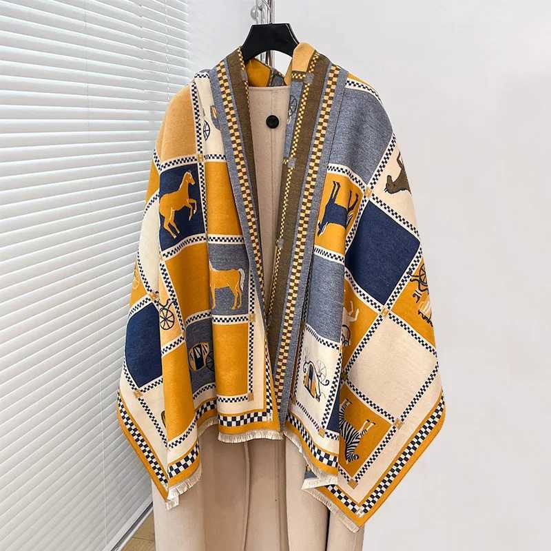 Luxury Warm Poncho Cashmere Winter Women Scarf Horse Print Shawl Wraps Female Thick Blanket Bufanda Travel Echarpe 2024J251129