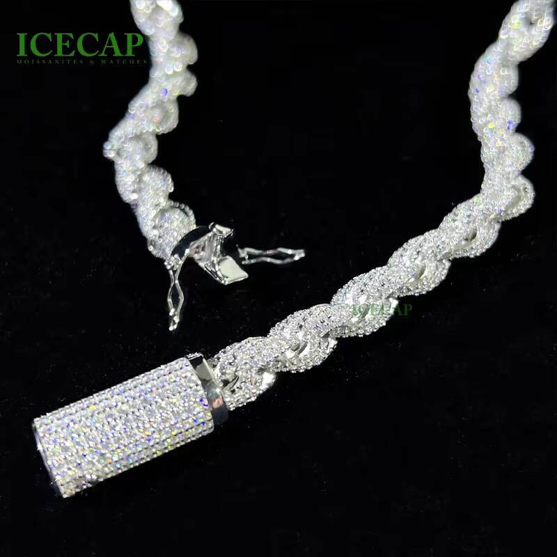 VVS Moissanite Rope Chain Necklace for Women Men 8mm Iced Out Tennis Style S925 Silver with Cuban Hip Hop Inspired Design