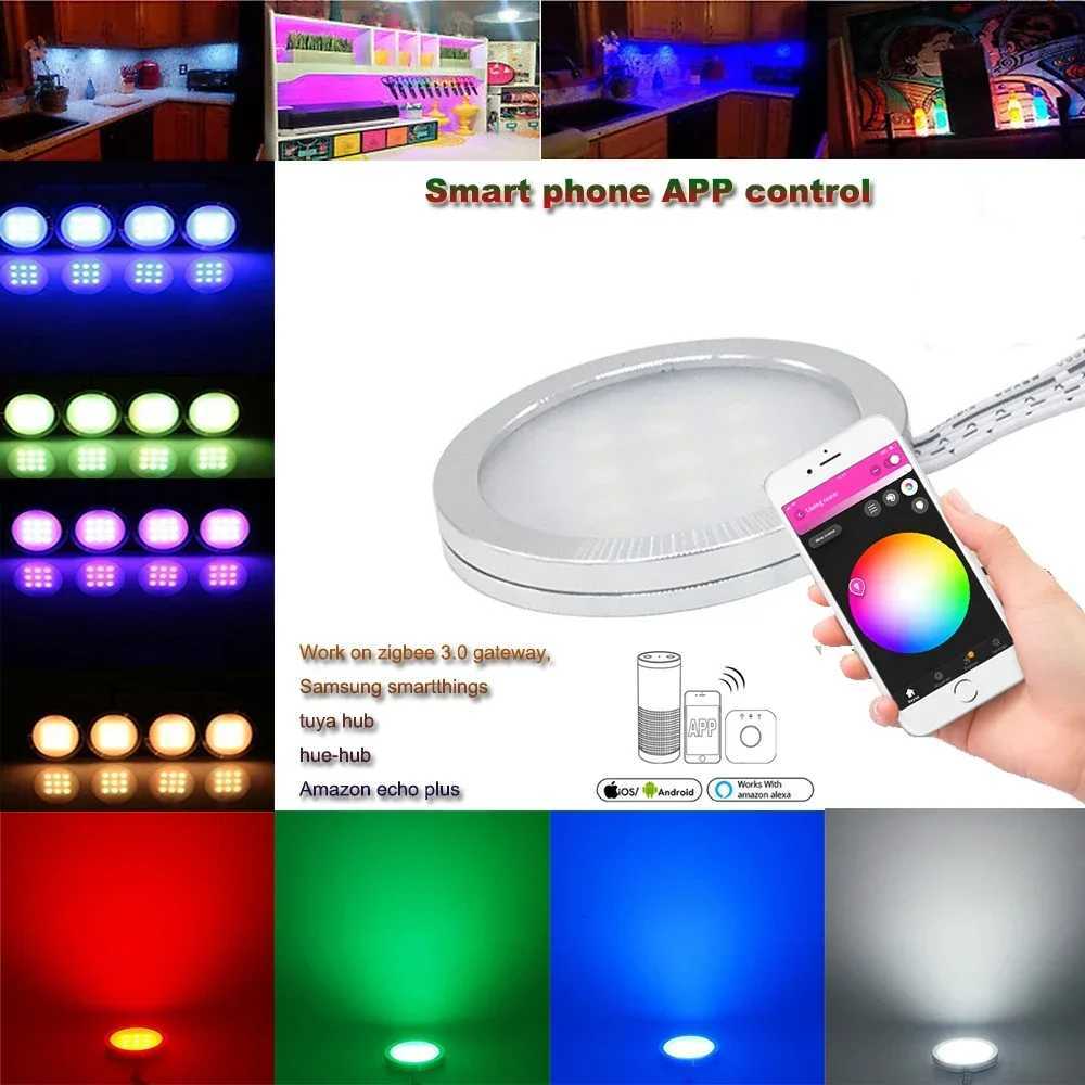 DC12V Tuya Zigbee LED Round Under Cabinet Light Kit RGB Color Change Dimming for Kitchen ShelfVoice Control Google Alexa Echo M251129