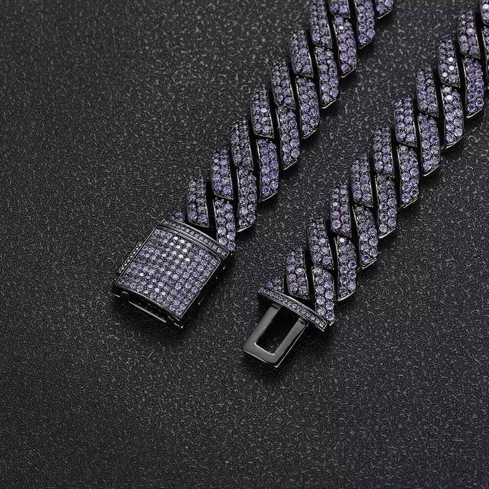 Hip Hop Jewelry 15mm Purple Diamond Cuban Link Chain Setting AAA Cubic Zirconia Prong Cuban Chain Bracelet
