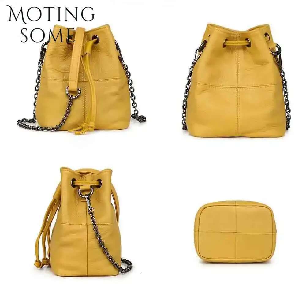 Motingsome Samll Bucket Bag For Women 100% Natural Leather Handbag Chains Shoulder Purses Female Mini Pouch Yellow New In 2024