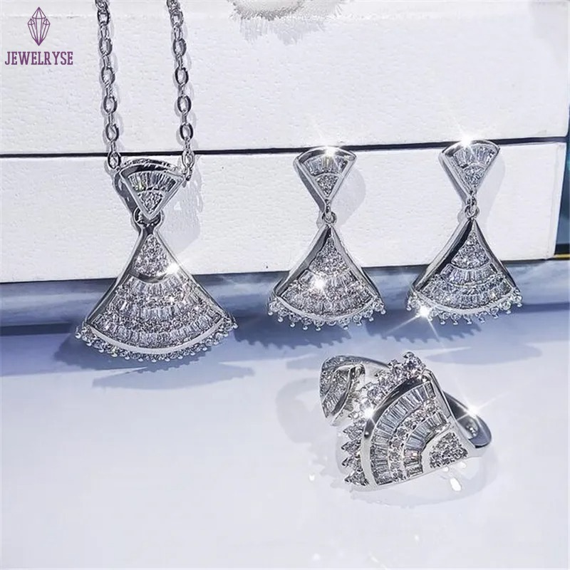 Top Sell Luxury Jewelry Set 925 Sterling Silver Full Princess Cut White Topaz CZ Diamond Skirt Clavicle Necklace Dangle Earring Women Wedding Open Rin