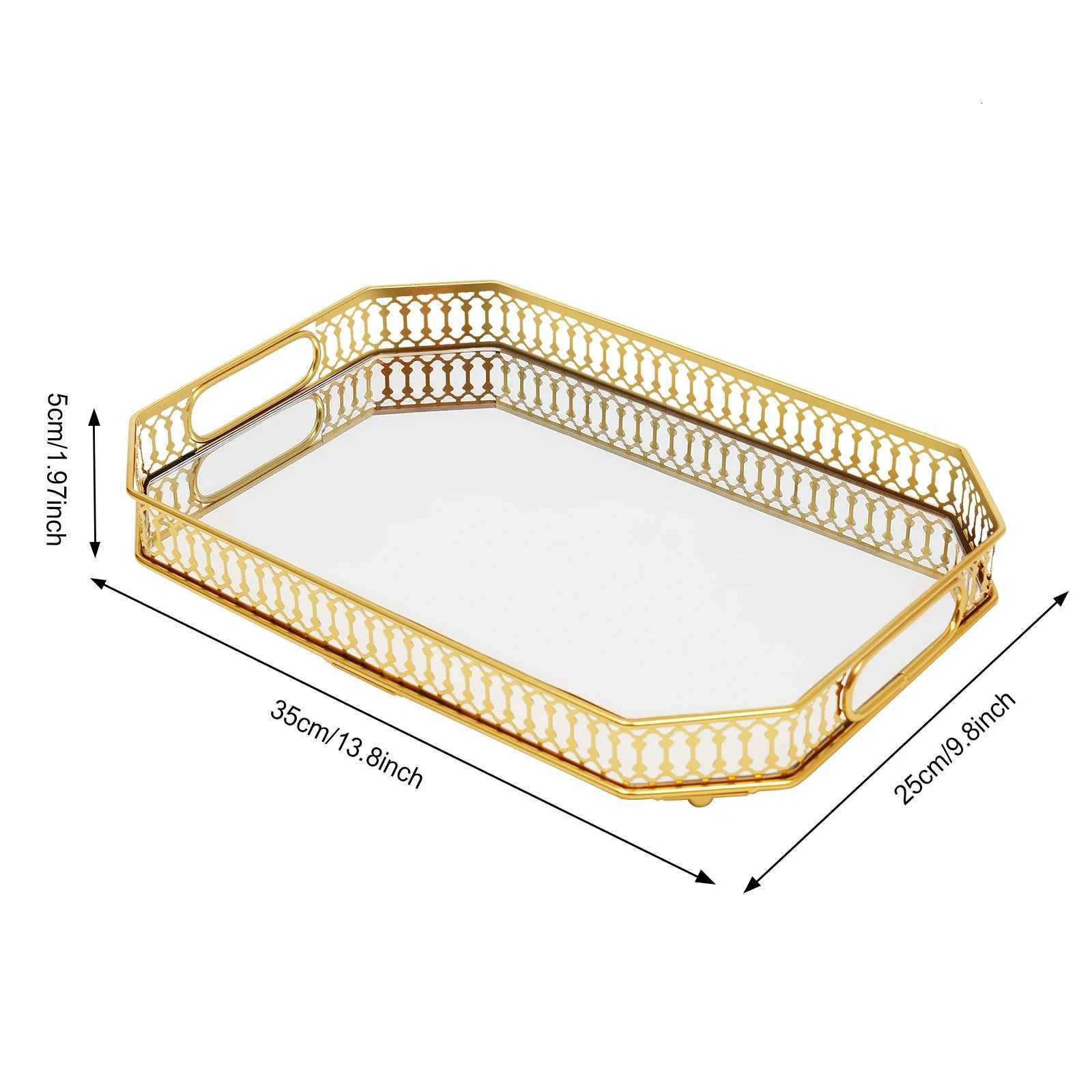 Vintage Octagon Mirror Glass Tray Bedroom Vanity Dresser Cosmetic Perfume Holder Gold Tabletop Home Decorative Tray Y251129