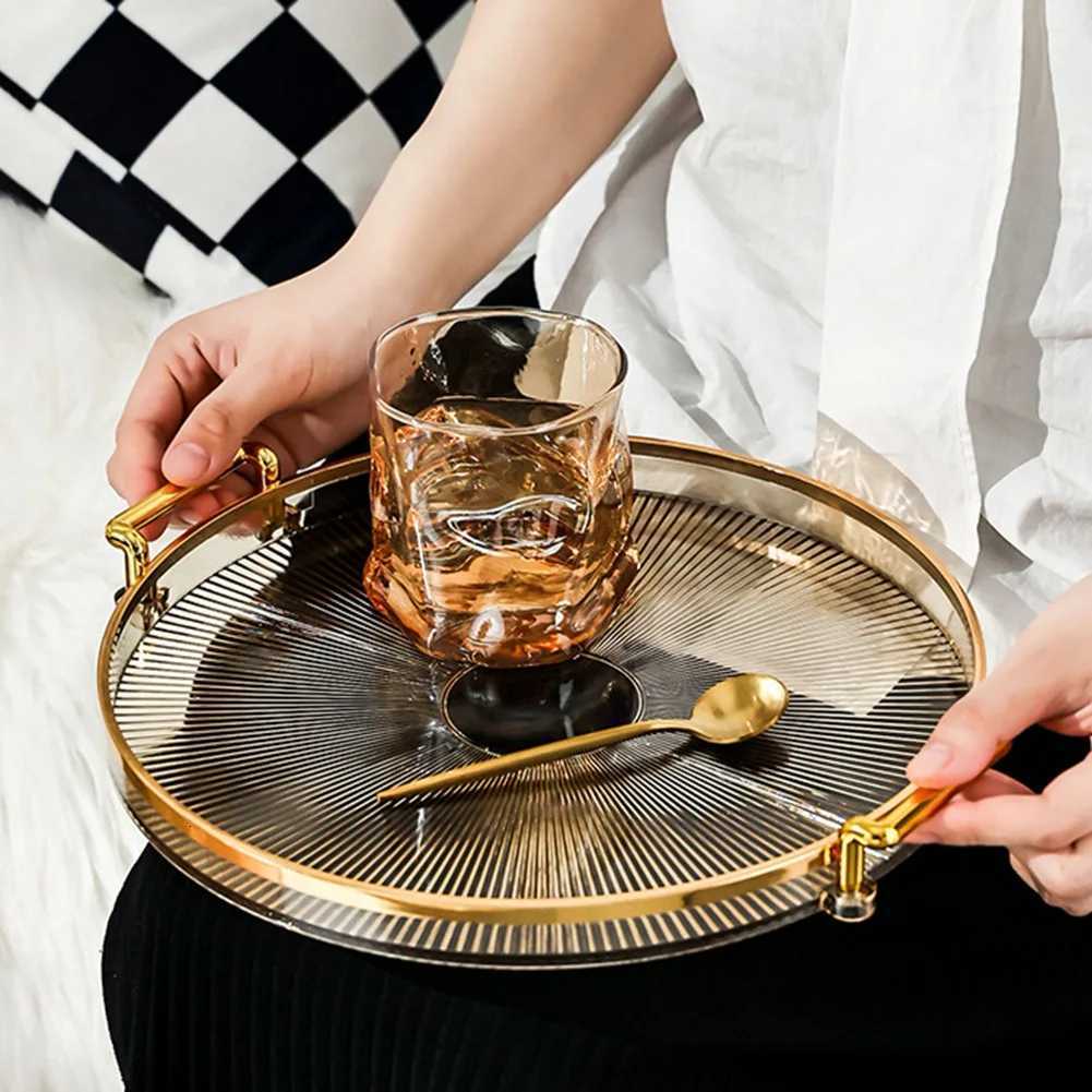 Luxury Storage Tray With Golden Handle Household Tea Dessert Fruit Storage Tray Plate Dinner Plate for Living Room Kitchen Y251129