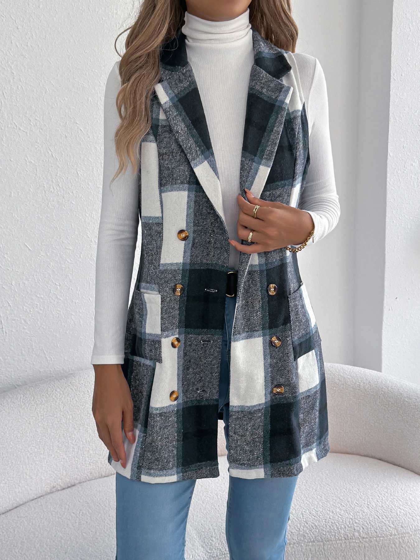 Women Blazer Lapel Double Breasted Plaid Vest Sleeveless Pocket Detail Fall Winter GetawayT251129