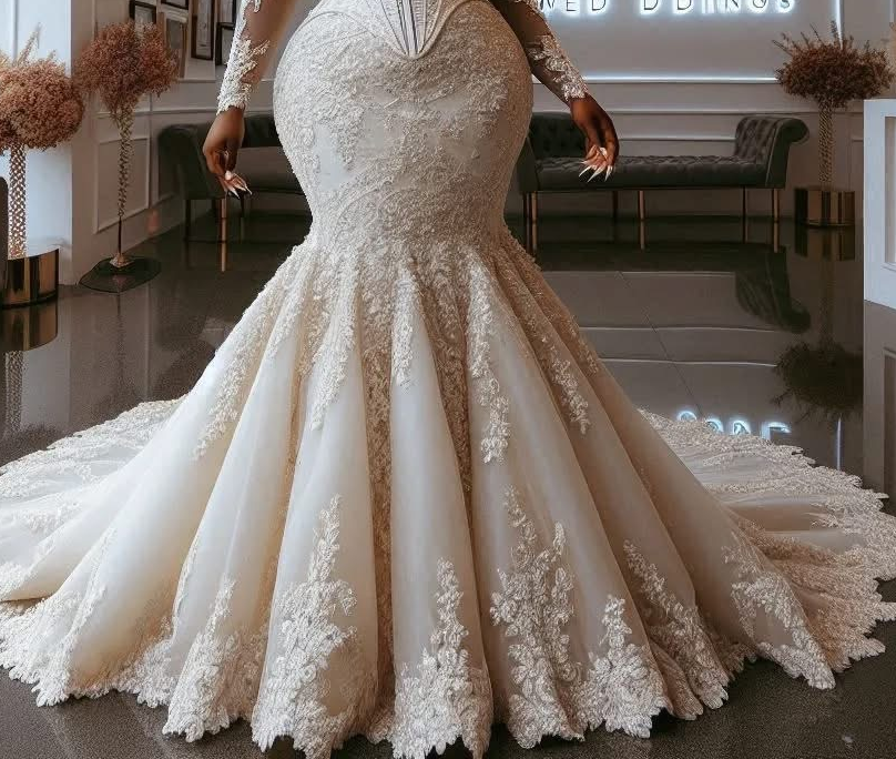 2025 Oversize Aso Ebi Plus Size Ivory Wedding Dress Full Sleeves Lace Court Train Vintage Bridal Gowns Dresses ZJ067