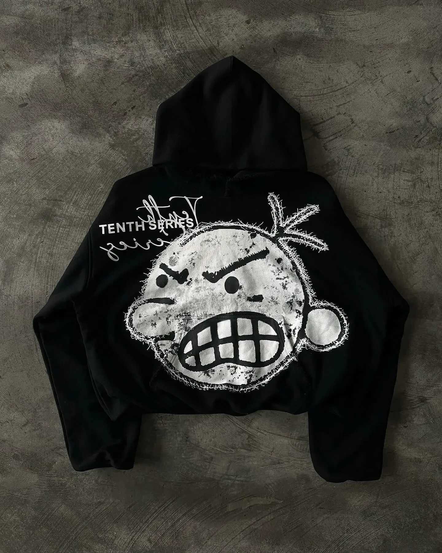Y2k Mens New Sportswear Cartoon Pattern Printed Super Large Hoodie Harajuku Hip Hop Gothic Black Pullover Hoodie W250429