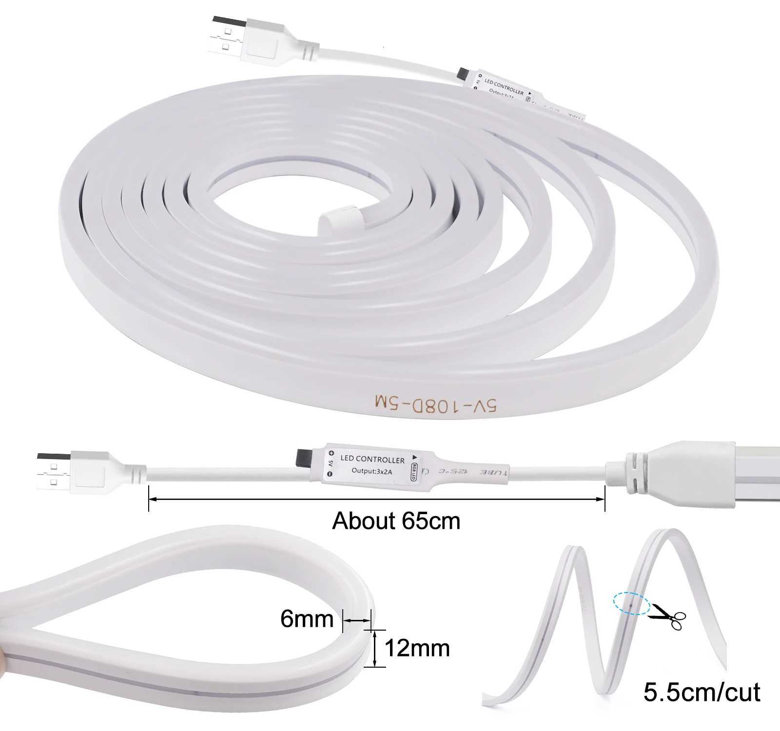 5V RGB Neon Strip Light 1M 2M 3M 5M USB Waterproof Flexible Ribbon Adhesive Tape Neon Lights With Remote Control For Home Decor M251129